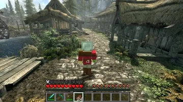 A Minecraft character and inventory inside Skyrim's Riverwood village