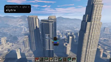 Minecraft's Steve flying above Los Santos with an elytra
